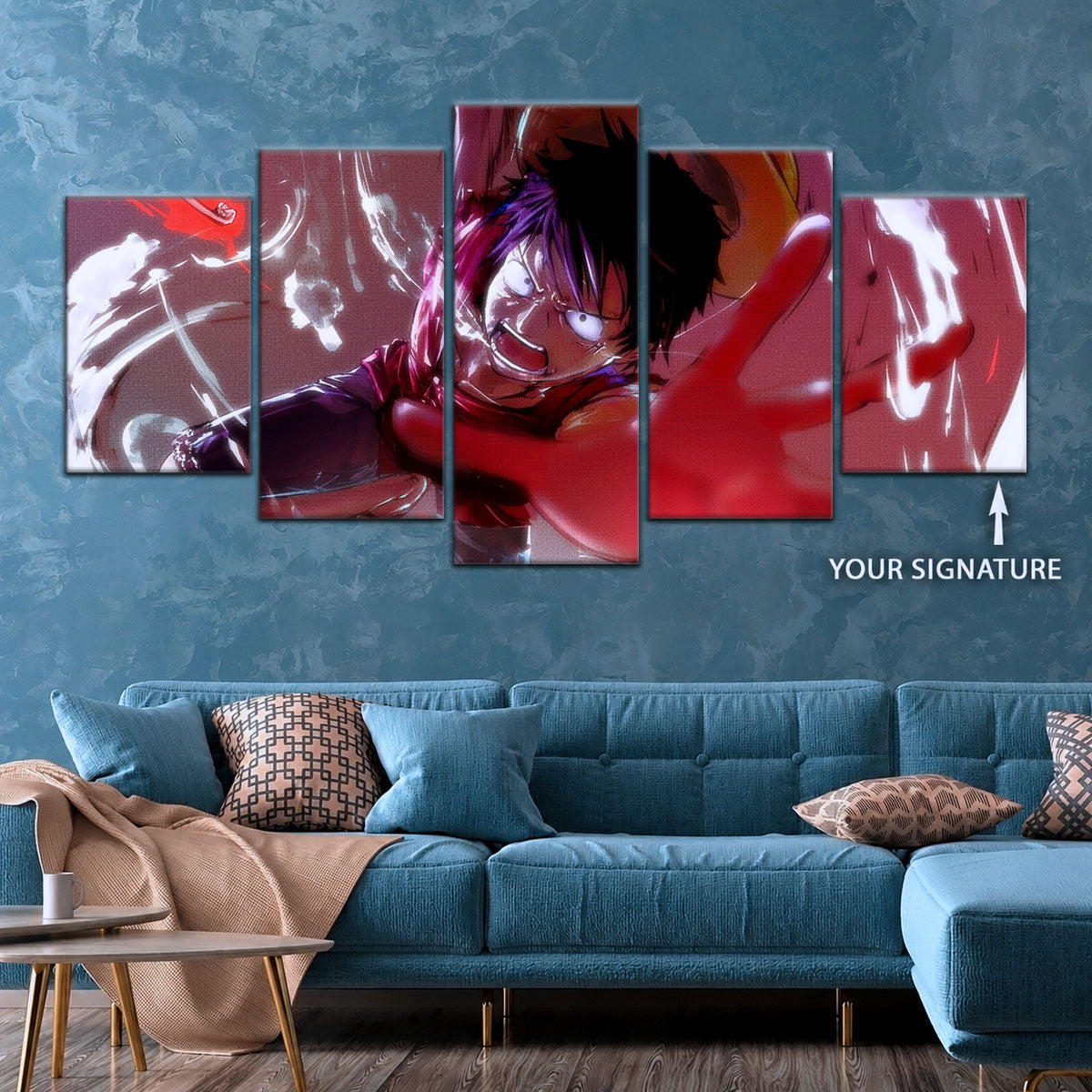 One Piece Canvas Wall Art - Luffy's Fierce Reach 5 Piece Split Panel Anime Poster - Framed Ready to Hang Living Room & Man Cave Decor - OP5037