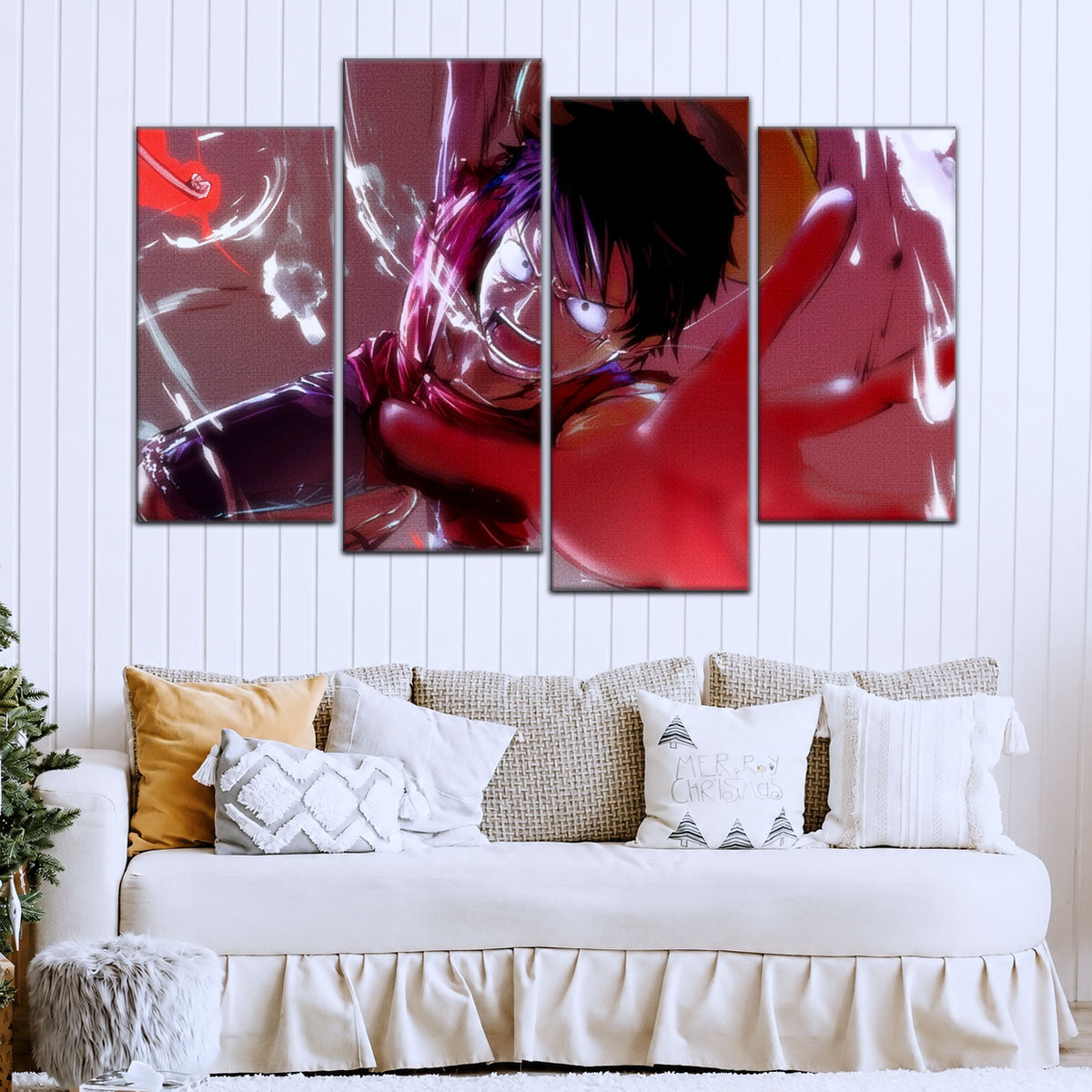 One Piece Canvas Wall Art - Luffy's Fierce Reach 5 Piece Split Panel Anime Poster - Framed Ready to Hang Living Room & Man Cave Decor - OP5037
