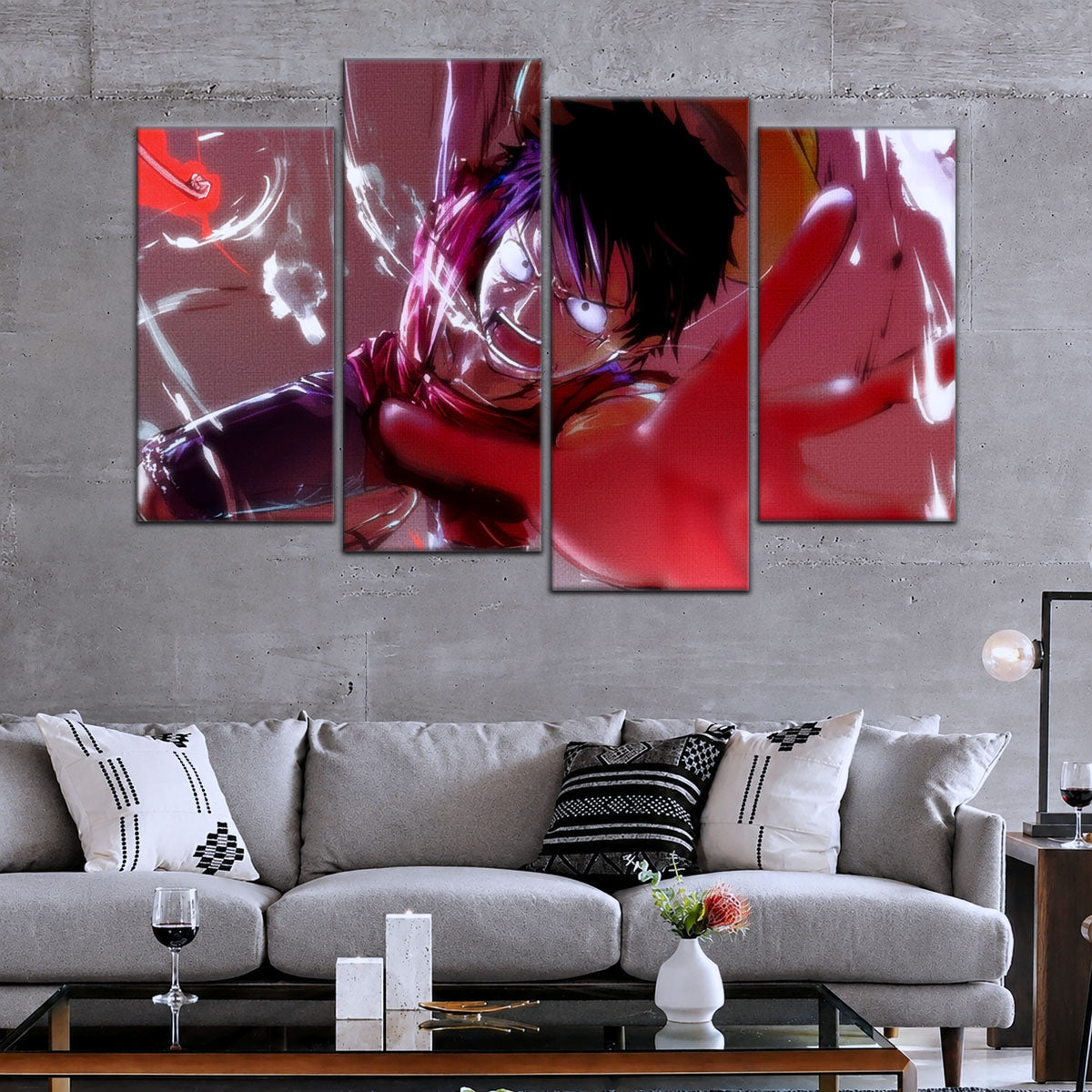 One Piece Canvas Wall Art - Luffy's Fierce Reach 5 Piece Split Panel Anime Poster - Framed Ready to Hang Living Room & Man Cave Decor - OP5037