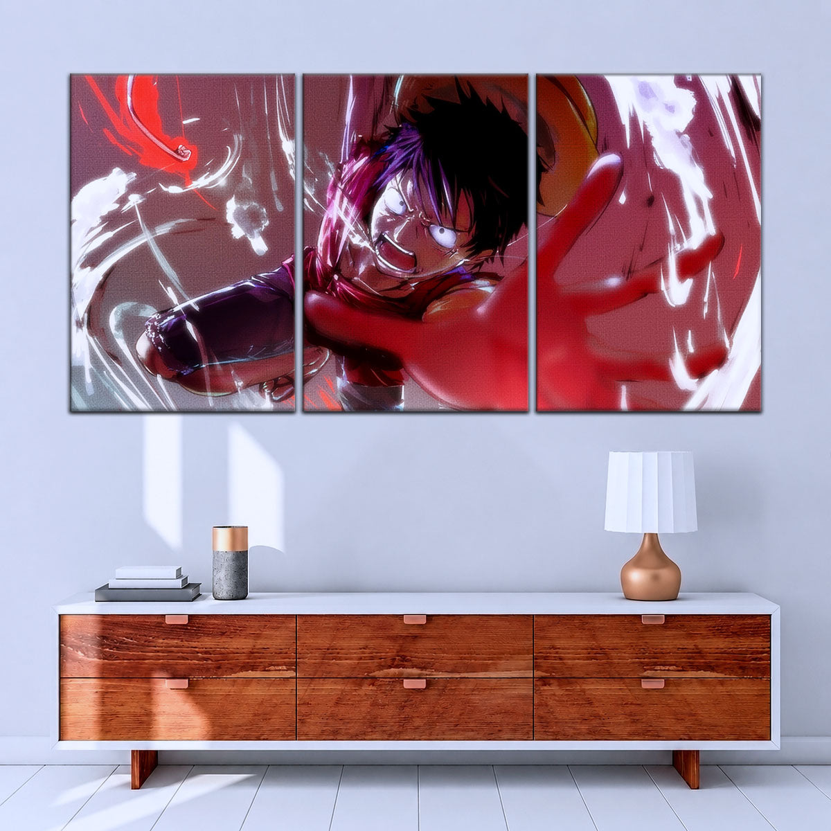 One Piece Canvas Wall Art - Luffy's Fierce Reach 5 Piece Split Panel Anime Poster - Framed Ready to Hang Living Room & Man Cave Decor - OP5037