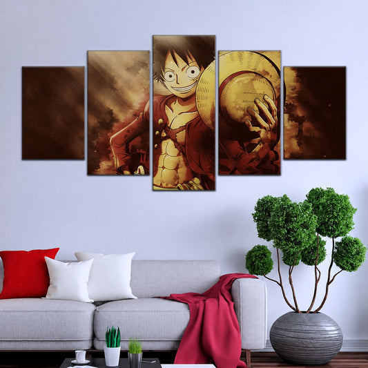 One Piece Canvas Wall Art - Monkey D. Luffy 5 Piece Split Panel Anime Poster - Framed Ready to Hang Living Room & Man Cave Decor - OP5038