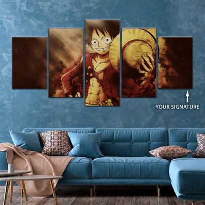 One Piece Canvas Wall Art - Monkey D. Luffy 5 Piece Split Panel Anime Poster - Framed Ready to Hang Living Room & Man Cave Decor - OP5038