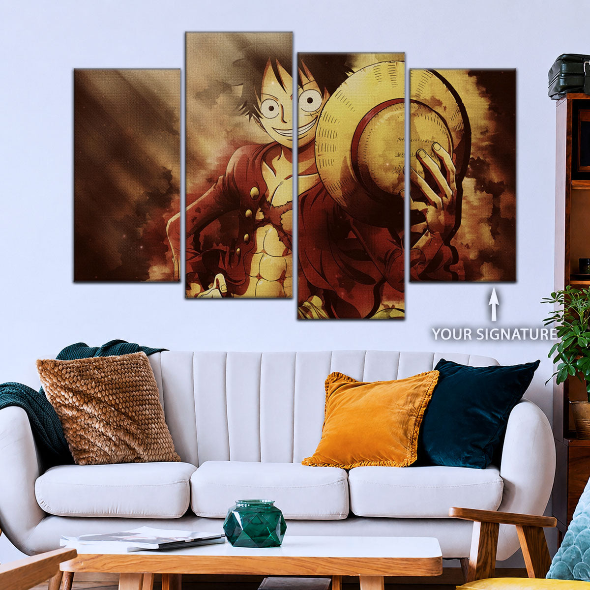 One Piece Canvas Wall Art - Monkey D. Luffy 5 Piece Split Panel Anime Poster - Framed Ready to Hang Living Room & Man Cave Decor - OP5038