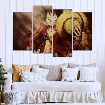 One Piece Canvas Wall Art - Monkey D. Luffy 5 Piece Split Panel Anime Poster - Framed Ready to Hang Living Room & Man Cave Decor - OP5038