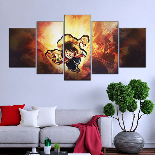 One Piece Canvas Wall Art - Monkey D. Luffy 5 Piece Split Panel Anime Poster - Framed Ready to Hang Living Room & Man Cave Decor - OP5039