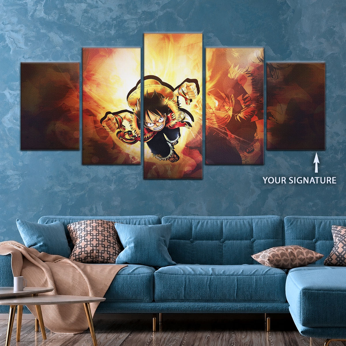 One Piece Canvas Wall Art - Monkey D. Luffy 5 Piece Split Panel Anime Poster - Framed Ready to Hang Living Room & Man Cave Decor - OP5039