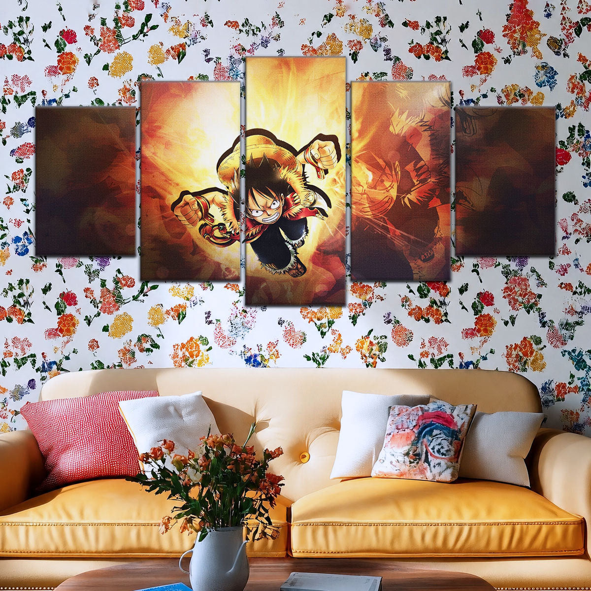 One Piece Canvas Wall Art - Monkey D. Luffy 5 Piece Split Panel Anime Poster - Framed Ready to Hang Living Room & Man Cave Decor - OP5039