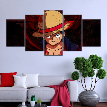 One Piece Canvas Wall Art - Monkey D. Luffy 5 Piece Split Panel Anime Poster - Framed Ready to Hang Living Room & Man Cave Decor - OP5040