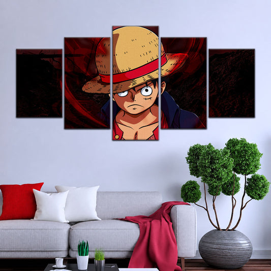 One Piece Canvas Wall Art - Monkey D. Luffy 5 Piece Split Panel Anime Poster - Framed Ready to Hang Living Room & Man Cave Decor - OP5040