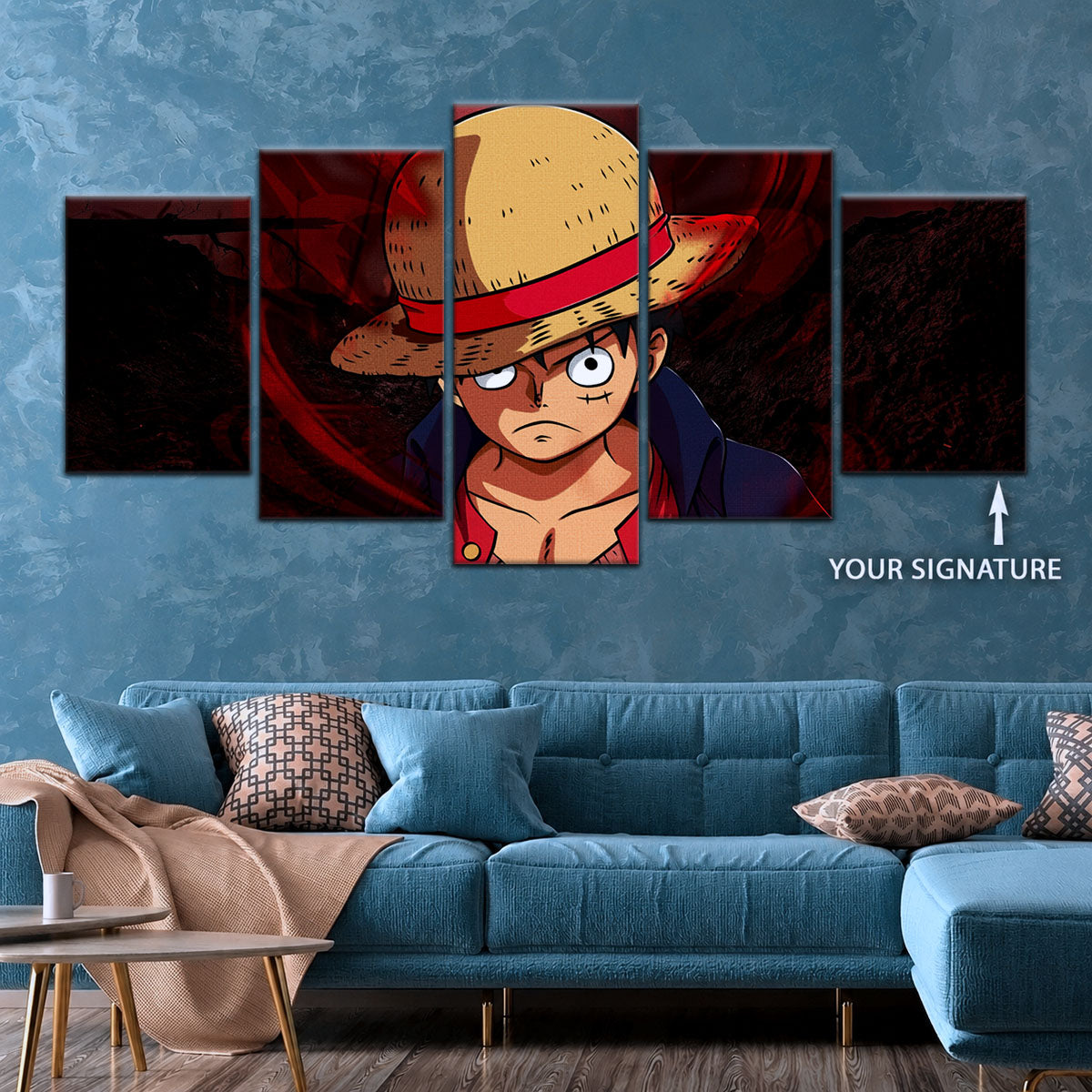 One Piece Canvas Wall Art - Monkey D. Luffy 5 Piece Split Panel Anime Poster - Framed Ready to Hang Living Room & Man Cave Decor - OP5040