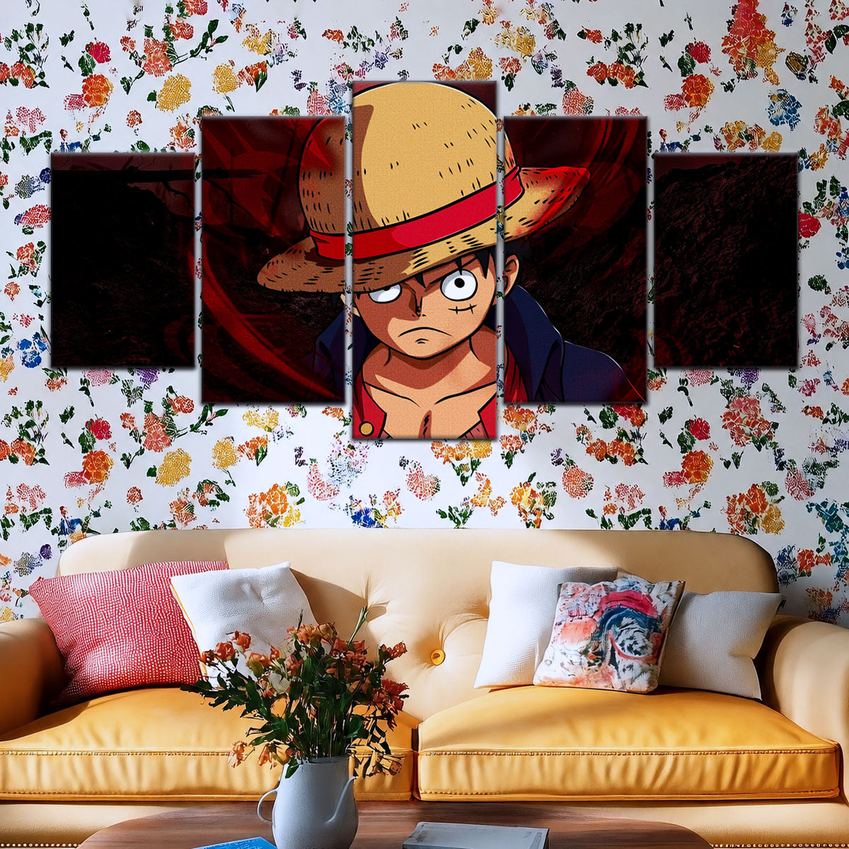 One Piece Canvas Wall Art - Monkey D. Luffy 5 Piece Split Panel Anime Poster - Framed Ready to Hang Living Room & Man Cave Decor - OP5040