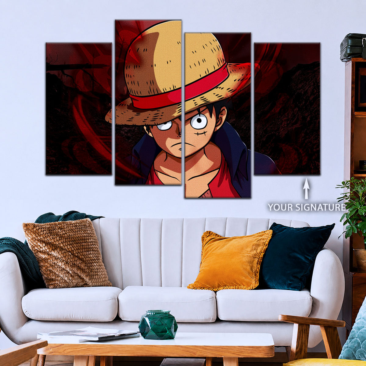 One Piece Canvas Wall Art - Monkey D. Luffy 5 Piece Split Panel Anime Poster - Framed Ready to Hang Living Room & Man Cave Decor - OP5040