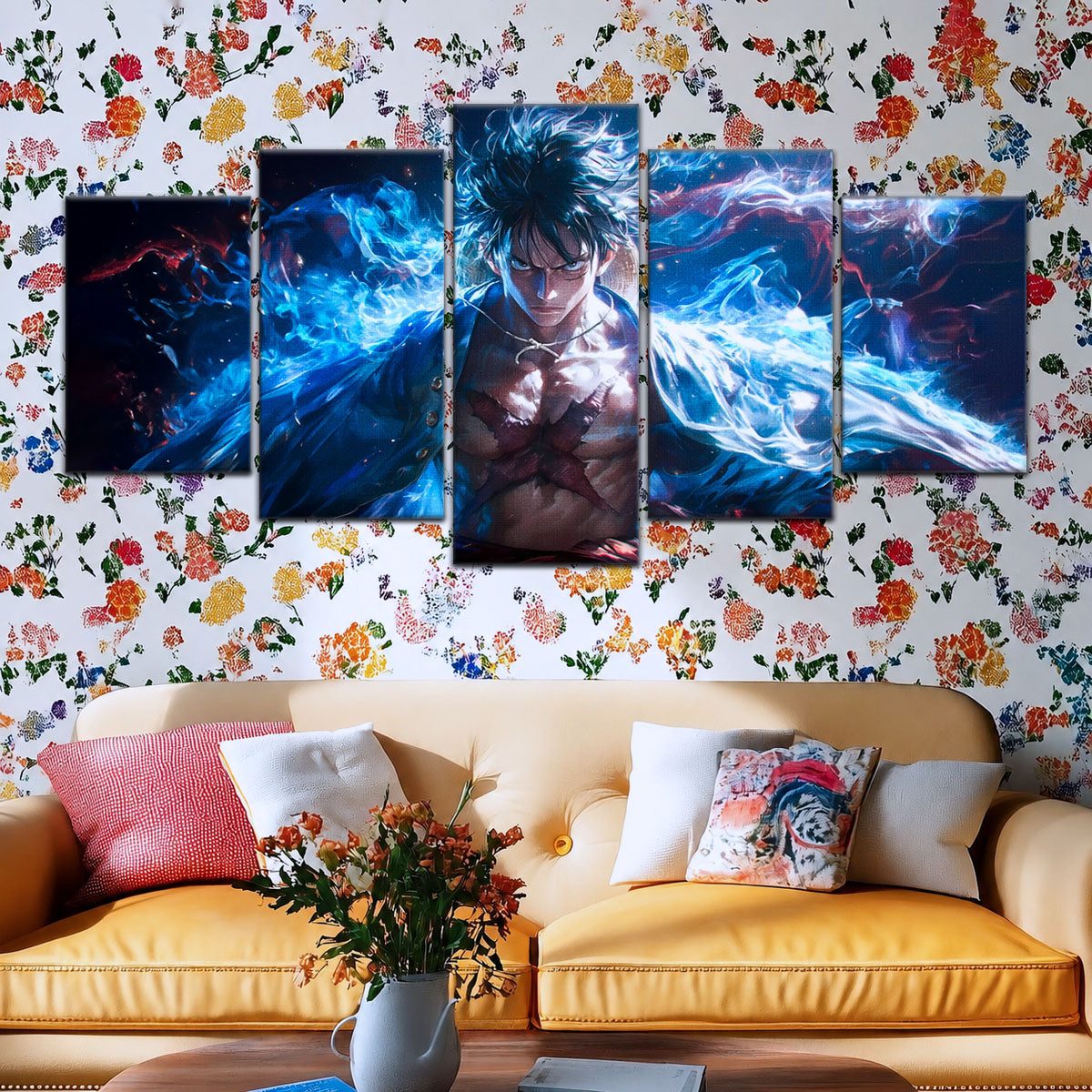 One Piece Canvas Wall Art - Monkey D. Luffy 5 Piece Split Panel Anime Poster - Framed Ready to Hang Living Room & Man Cave Decor - OP5041