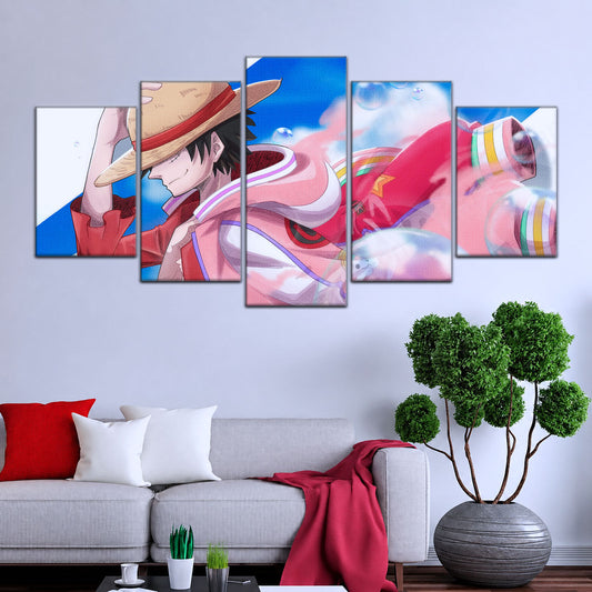 One Piece Canvas Wall Art - Monkey D. Luffy 5 Piece Split Panel Anime Poster - Framed Ready to Hang Living Room & Man Cave Decor - OP5042
