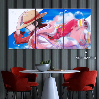 One Piece Canvas Wall Art - Monkey D. Luffy 5 Piece Split Panel Anime Poster - Framed Ready to Hang Living Room & Man Cave Decor - OP5042