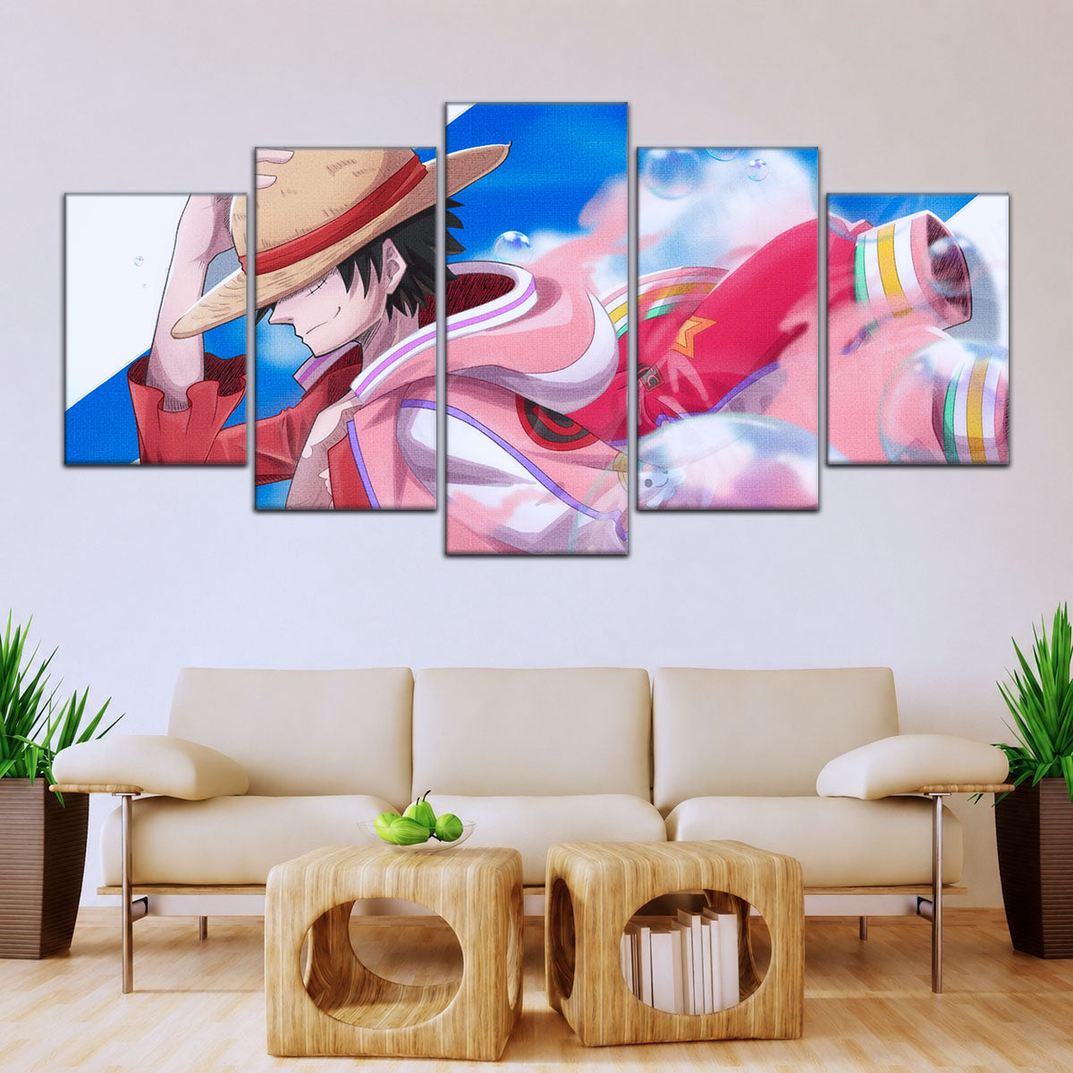 One Piece Canvas Wall Art - Monkey D. Luffy 5 Piece Split Panel Anime Poster - Framed Ready to Hang Living Room & Man Cave Decor - OP5042