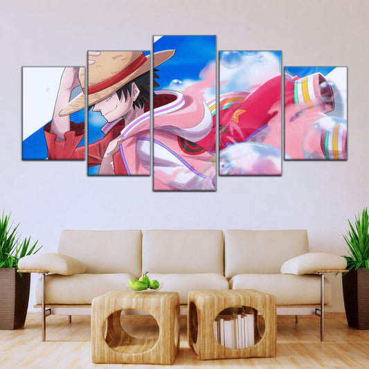 One Piece Canvas Wall Art - Monkey D. Luffy 5 Piece Split Panel Anime Poster - Framed Ready to Hang Living Room & Man Cave Decor - OP5042