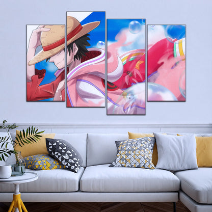 One Piece Canvas Wall Art - Monkey D. Luffy 5 Piece Split Panel Anime Poster - Framed Ready to Hang Living Room & Man Cave Decor - OP5042