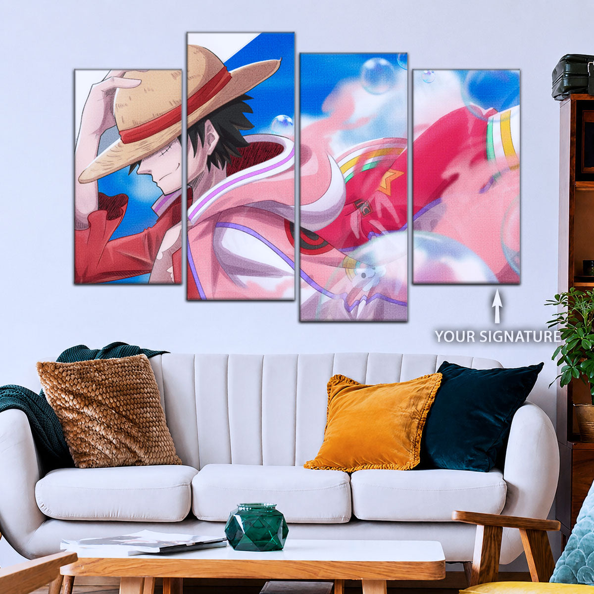 One Piece Canvas Wall Art - Monkey D. Luffy 5 Piece Split Panel Anime Poster - Framed Ready to Hang Living Room & Man Cave Decor - OP5042