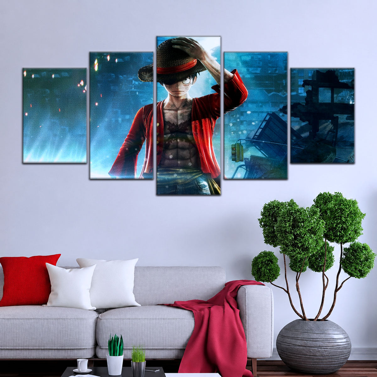 One Piece Canvas Wall Art - Monkey D. Luffy 5 Piece Split Panel Anime Poster - Framed Ready to Hang Living Room & Man Cave Decor - OP5043