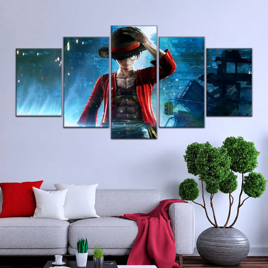 One Piece Canvas Wall Art - Monkey D. Luffy 5 Piece Split Panel Anime Poster - Framed Ready to Hang Living Room & Man Cave Decor - OP5043