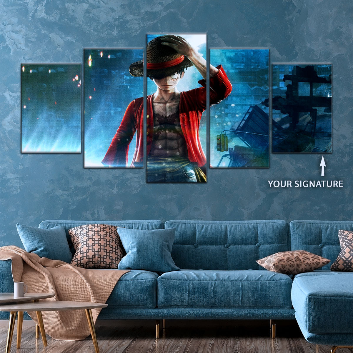 One Piece Canvas Wall Art - Monkey D. Luffy 5 Piece Split Panel Anime Poster - Framed Ready to Hang Living Room & Man Cave Decor - OP5043
