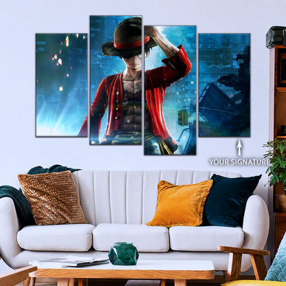 One Piece Canvas Wall Art - Monkey D. Luffy 5 Piece Split Panel Anime Poster - Framed Ready to Hang Living Room & Man Cave Decor - OP5043