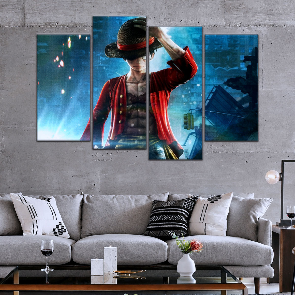 One Piece Canvas Wall Art - Monkey D. Luffy 5 Piece Split Panel Anime Poster - Framed Ready to Hang Living Room & Man Cave Decor - OP5043