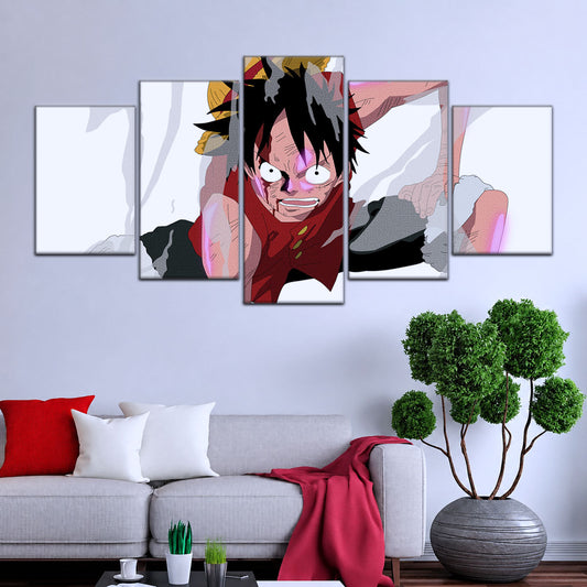 One Piece Canvas Wall Art - Monkey D. Luffy 5 Piece Split Panel Anime Poster - Framed Ready to Hang Living Room & Man Cave Decor - OP5044