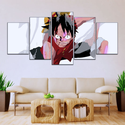 One Piece Canvas Wall Art - Monkey D. Luffy 5 Piece Split Panel Anime Poster - Framed Ready to Hang Living Room & Man Cave Decor - OP5044