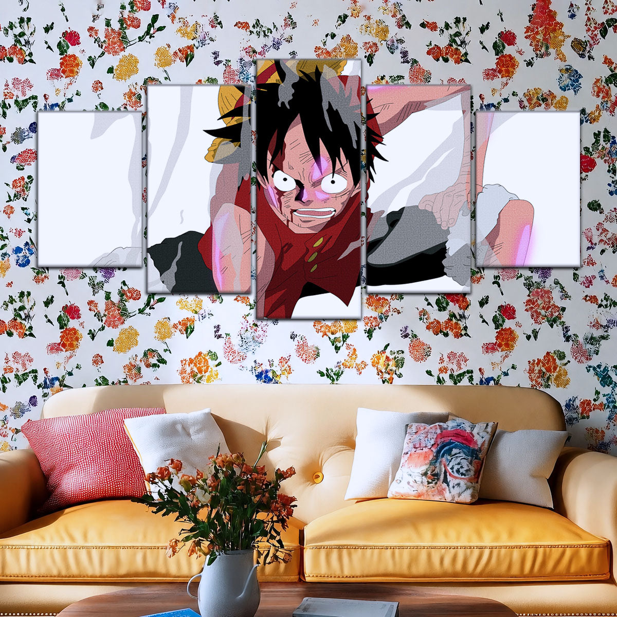 One Piece Canvas Wall Art - Monkey D. Luffy 5 Piece Split Panel Anime Poster - Framed Ready to Hang Living Room & Man Cave Decor - OP5044