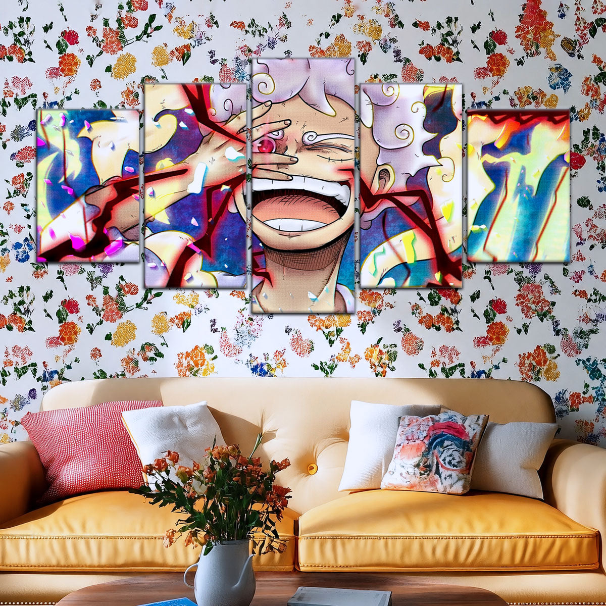 One Piece Canvas Wall Art - Luffy Gear Fifth 5 Piece Split Panel Anime Poster - Framed Ready to Hang Living Room & Man Cave Decor - OP5045