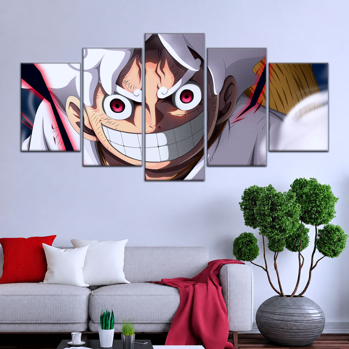One Piece Canvas Wall Art - Luffy Gear Fifth 5 Piece Split Panel Anime Poster - Framed Ready to Hang Living Room & Man Cave Decor - OP5046