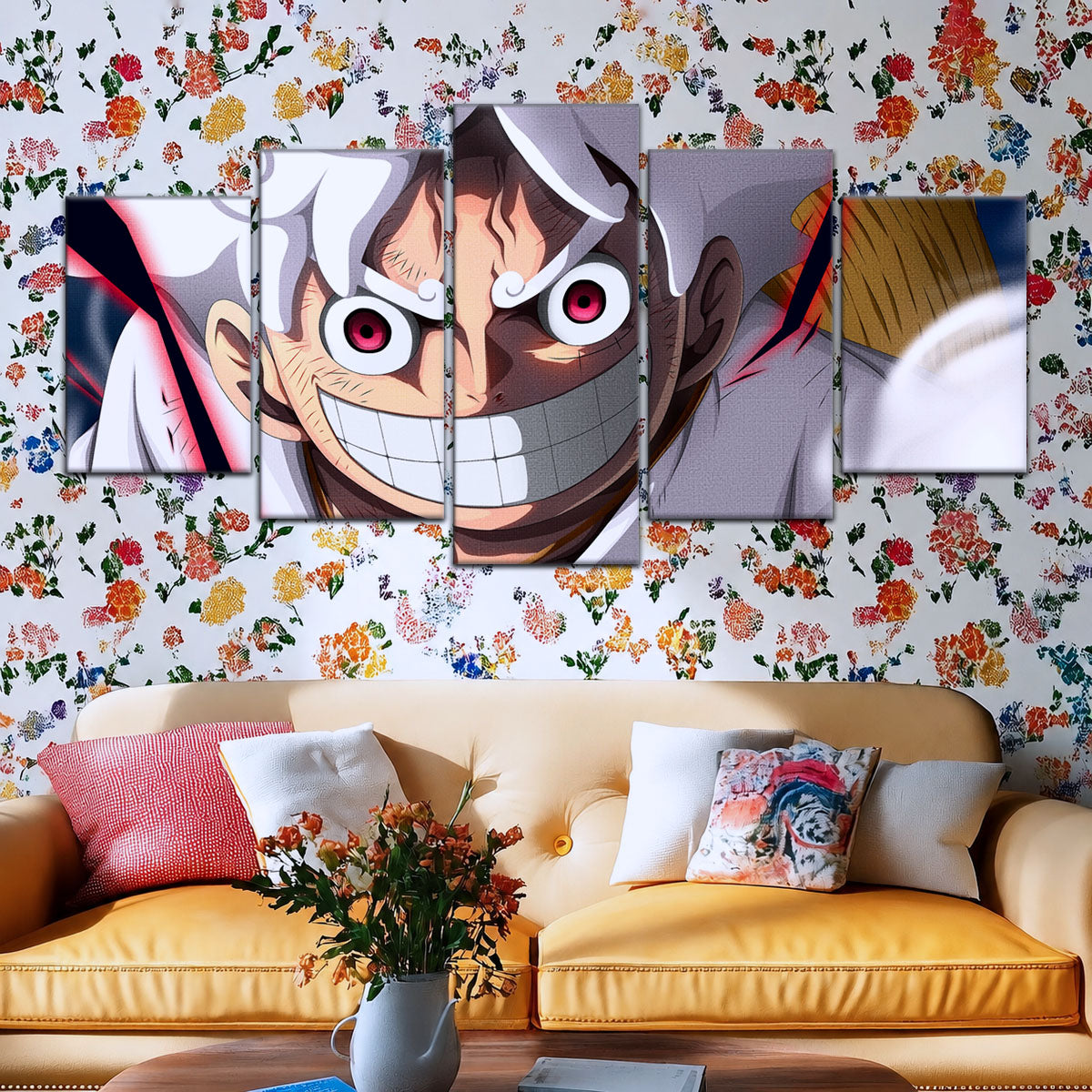 One Piece Canvas Wall Art - Luffy Gear Fifth 5 Piece Split Panel Anime Poster - Framed Ready to Hang Living Room & Man Cave Decor - OP5046