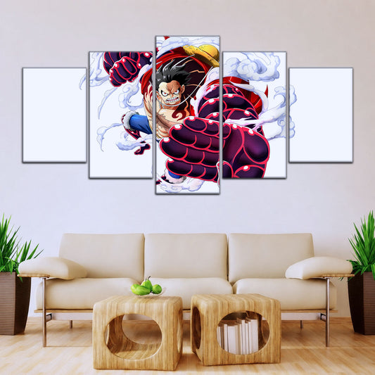 One Piece Canvas Wall Art - Gear Fourth Luffy Unleashed 5 Piece Split Panel Anime Poster - Framed Ready to Hang Living Room & Man Cave Decor - OP5047