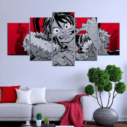 One Piece Canvas Wall Art - Monkey D. Luffy 5 Piece Split Panel Anime Poster - Framed Ready to Hang Living Room & Man Cave Decor - OP5050