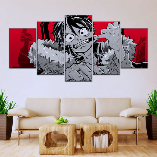 One Piece Canvas Wall Art - Monkey D. Luffy 5 Piece Split Panel Anime Poster - Framed Ready to Hang Living Room & Man Cave Decor - OP5050