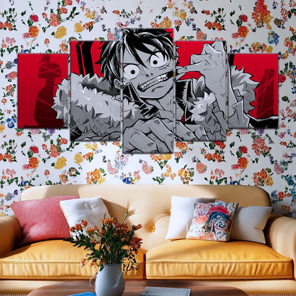 One Piece Canvas Wall Art - Monkey D. Luffy 5 Piece Split Panel Anime Poster - Framed Ready to Hang Living Room & Man Cave Decor - OP5050