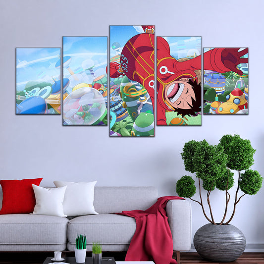 One Piece Canvas Wall Art - Monkey D. Luffy 5 Piece Split Panel Anime Poster - Framed Ready to Hang Living Room & Man Cave Decor - OP5051