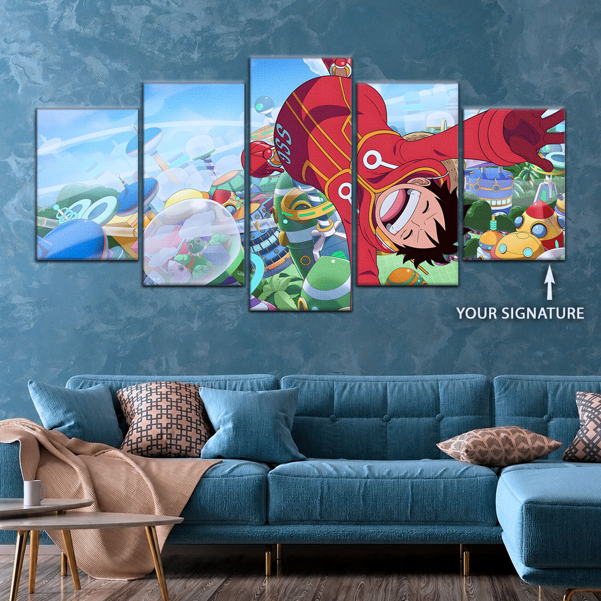 One Piece Canvas Wall Art - Monkey D. Luffy 5 Piece Split Panel Anime Poster - Framed Ready to Hang Living Room & Man Cave Decor - OP5051