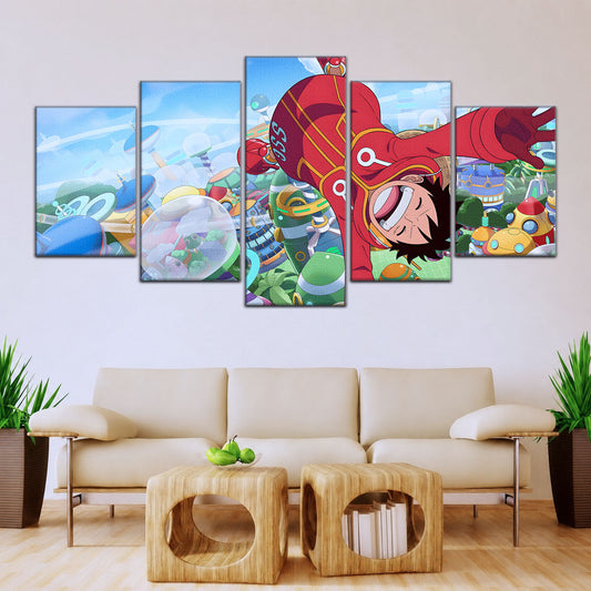 One Piece Canvas Wall Art - Monkey D. Luffy 5 Piece Split Panel Anime Poster - Framed Ready to Hang Living Room & Man Cave Decor - OP5051