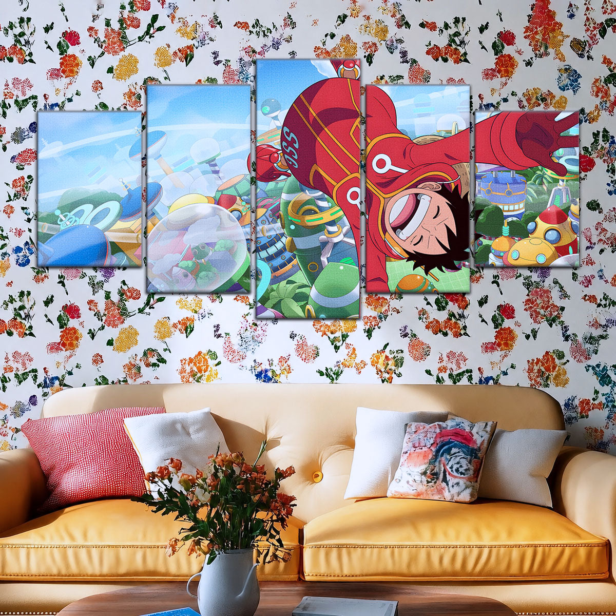 One Piece Canvas Wall Art - Monkey D. Luffy 5 Piece Split Panel Anime Poster - Framed Ready to Hang Living Room & Man Cave Decor - OP5051