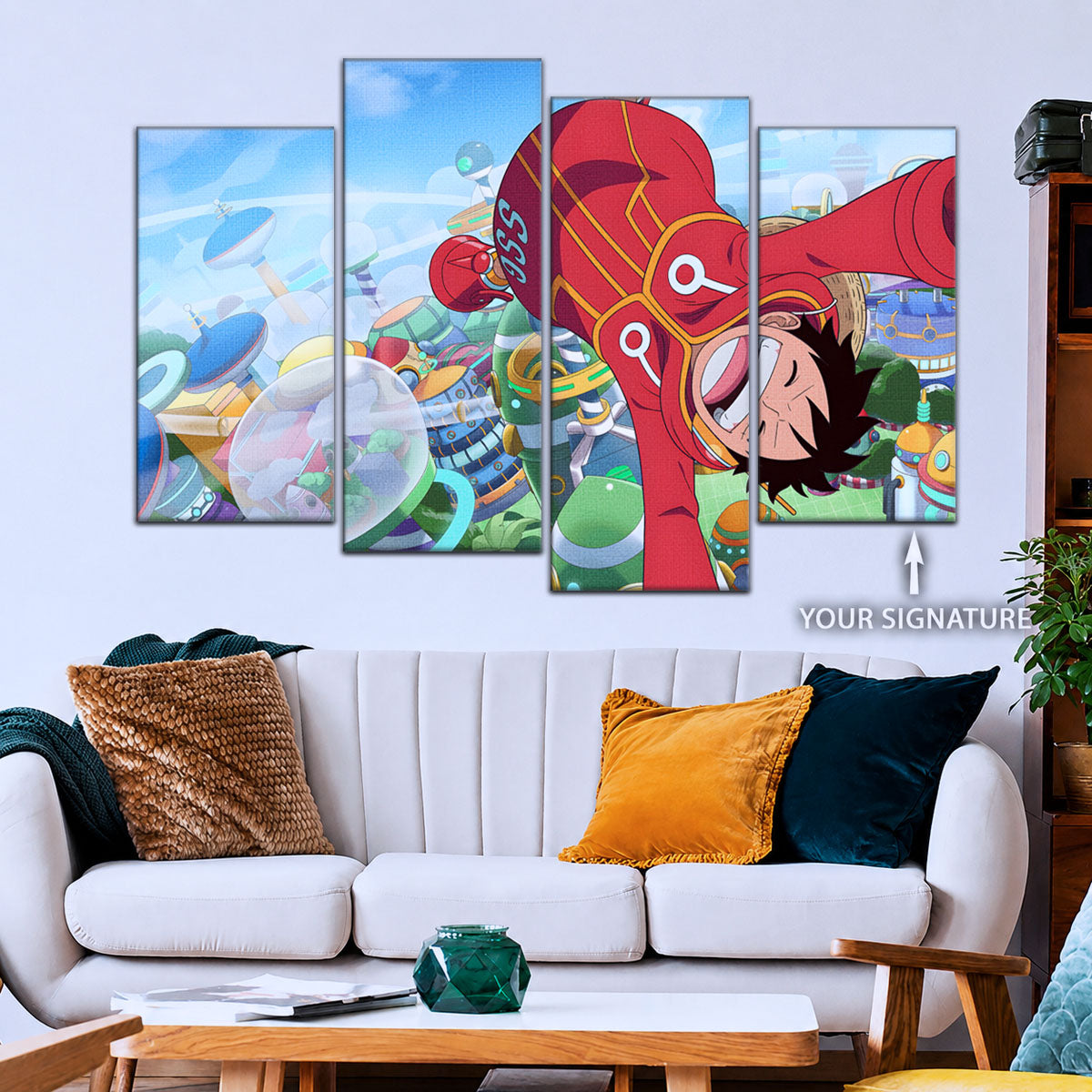 One Piece Canvas Wall Art - Monkey D. Luffy 5 Piece Split Panel Anime Poster - Framed Ready to Hang Living Room & Man Cave Decor - OP5051