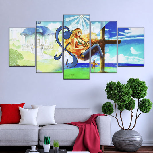 One Piece Canvas Wall Art - Nami Cat Burglar 5 Piece Split Panel Anime Poster - Framed Ready to Hang Living Room & Man Cave Decor - OP5052