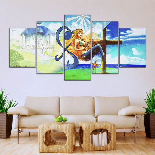 One Piece Canvas Wall Art - Nami Cat Burglar 5 Piece Split Panel Anime Poster - Framed Ready to Hang Living Room & Man Cave Decor - OP5052