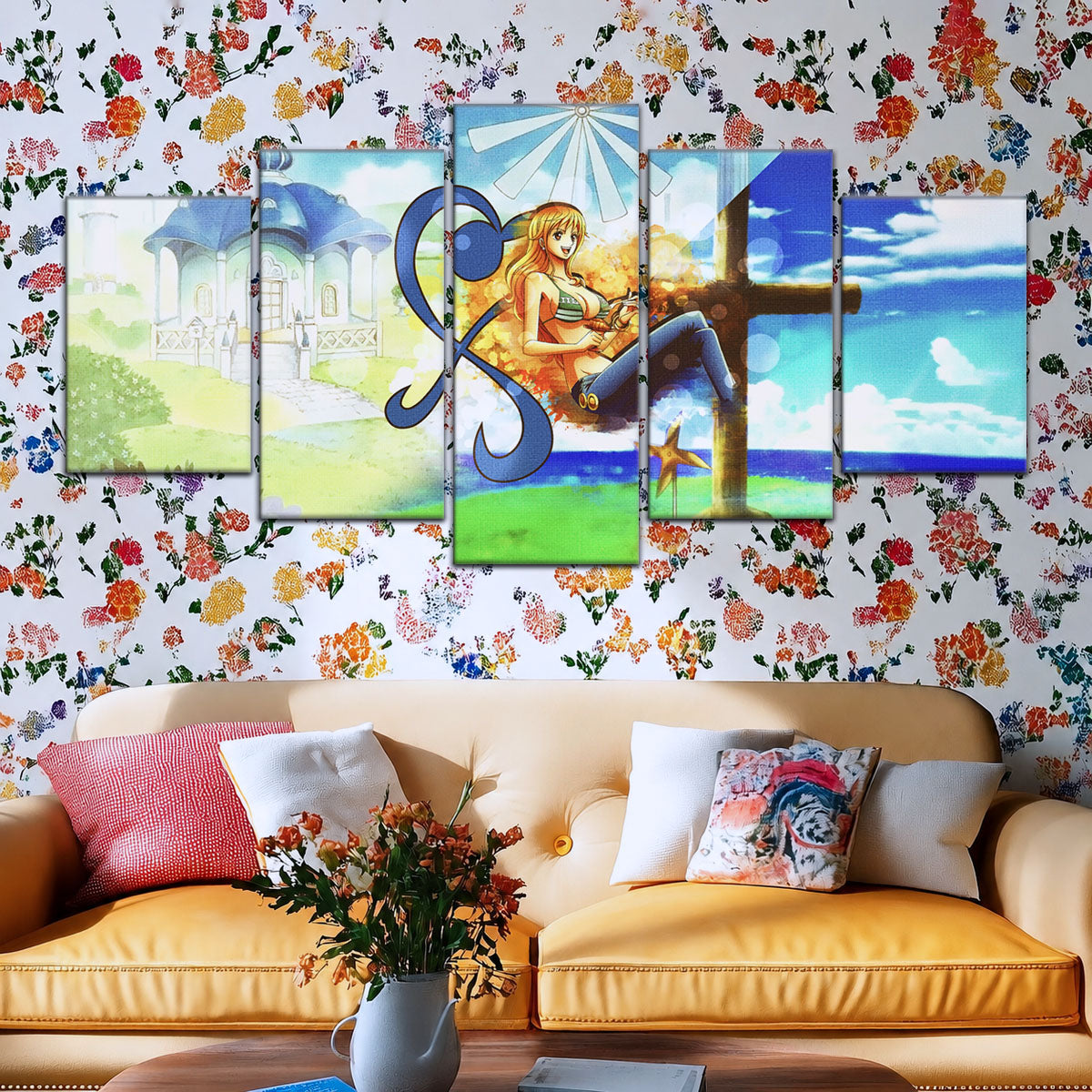 One Piece Canvas Wall Art - Nami Cat Burglar 5 Piece Split Panel Anime Poster - Framed Ready to Hang Living Room & Man Cave Decor - OP5052