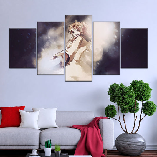 One Piece Canvas Wall Art - Nami Cat Burglar 5 Piece Split Panel Anime Poster - Framed Ready to Hang Living Room & Man Cave Decor - OP5054