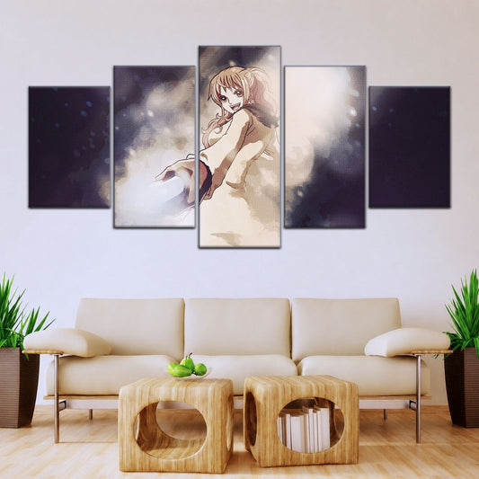One Piece Canvas Wall Art - Nami Cat Burglar 5 Piece Split Panel Anime Poster - Framed Ready to Hang Living Room & Man Cave Decor - OP5054