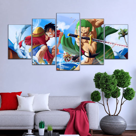 One Piece Canvas Wall Art - Luffy & Zoro 5 Piece Split Panel Anime Poster - Framed Ready to Hang Living Room & Man Cave Decor - OP5057