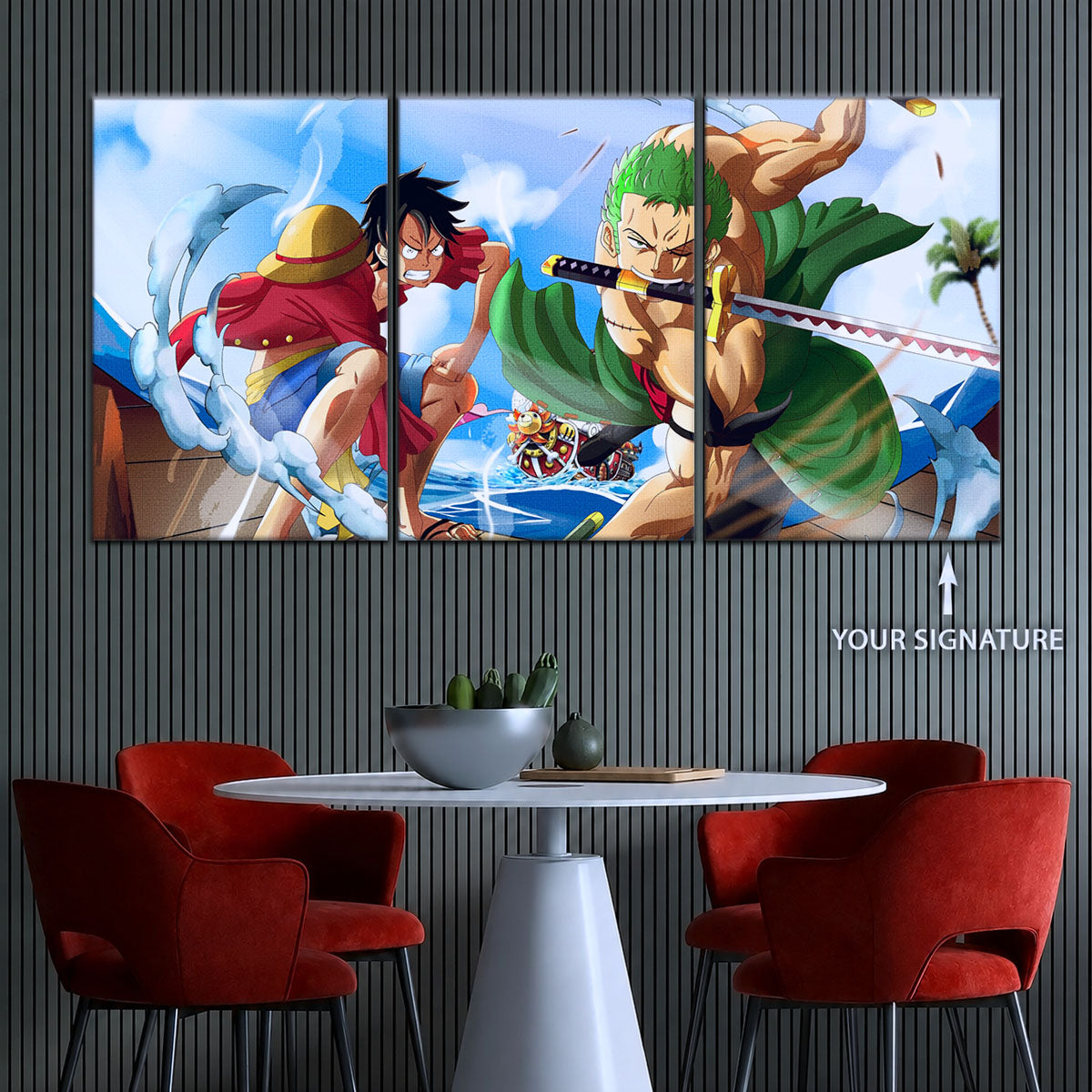 One Piece Canvas Wall Art - Luffy & Zoro 5 Piece Split Panel Anime Poster - Framed Ready to Hang Living Room & Man Cave Decor - OP5057